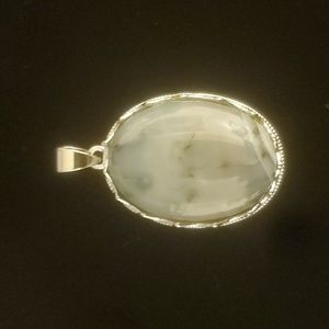 New Silver Wrapped Black Dragon Veins Agate Oval Pendant.